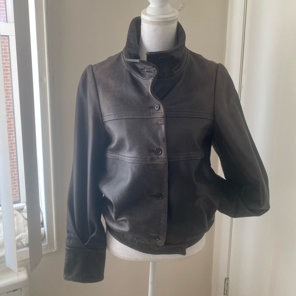 FARHI leather jacket;  button up lined and pockets - Picture 2 of 15